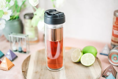 Teabloom Travel Tea Infusing Cup – Insulated Borosilicate Glass Bottle with Magnetic Controlled Infuser and Flip Lid for Hot Tea, Cold-brew Coffee, Fruit Water – The Innovator Tumbler (15oz/450ml)
