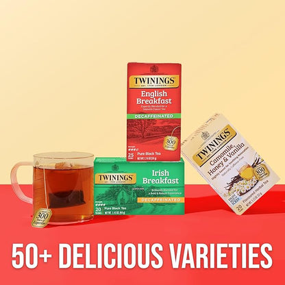 Twinings Decaffeinated English Breakfast Black Tea Individually Wrapped Bags, 25 Count (Pack of 6), Flavourful, Robust, Enjoy Hot or Iced, 150 Teabags