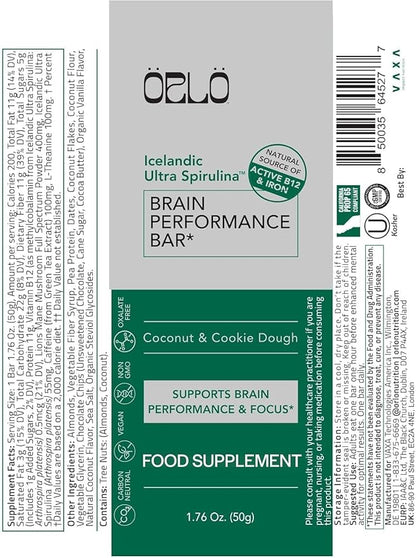 ORLO BRAIN PERFORMANCE BAR – Vegan Protein Bars for Brain & Energy Support – Focus & Memory, Pre & Post Workout Recovery – Gluten Free Snack with L-Theanine, Lions Mane, Spirulina & More (12 Bars)