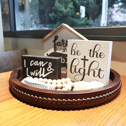 Wood Decorative Serving Tray with Bead, Round Vintage Wooden Ottoman Tray for Home Centerpiece, Counter Organizer, 13” Circle Tray for Kitchen, Living Room (Dark Brown)