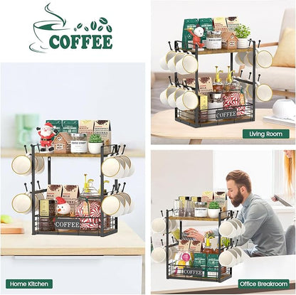 EsLuker.ly Coffee Mug Cup Holder Tree Bar Station Organizer for Countertop, Multi-Functional 2 Tier Mug Stand Rack for Kitchen, Storage Shelf with 12 Hooks, Vintage Brown-Black(Patented Design)