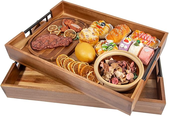 Extra-Large Wooden Tray Set of 2, (20.1'' + 18.1'') Serving Tray with Metal Handles, Rectangle Rustic Serving Trays for Breakfast, Used in Kitchen Counter, Coffee Table, Bedroom, Living Room