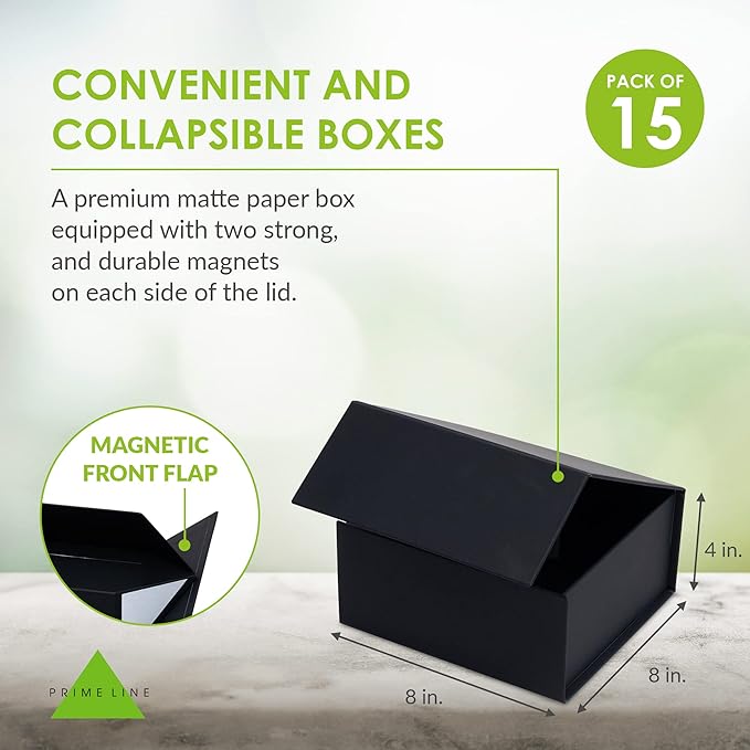 Prime Line Packaging Christmas Gift Boxes with Lids for Presents, Holiday Gift Boxes, Small Black Gift Box for Small Business, Birthdays, Weddings, Graduation, Bulk, 8x8x4, 15 Pack