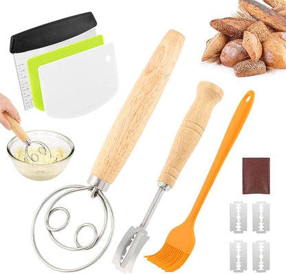 Danish Dough Whisk with Sourdough Scoring Tool, Bread Making Tools Baking Supplies, Dough Hook Dutch Whisk, Bread Lame, Bench Scraper & Pastry Brush, Set of 6(6pcs,COLOR:silver)