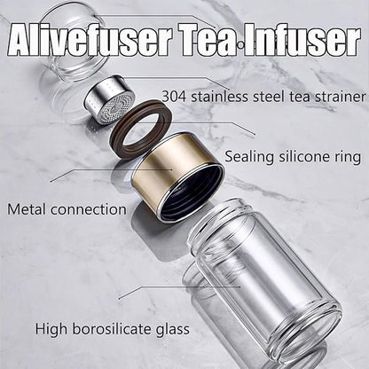 Tryteava Glass Infuser, Tryteava 3-in-1 Smart Tea Infuser, Portable Glass Double Wall Tea Infusers Bottle, with Stainless Steel Filter, Hot & Cold Brew, For Loose Leaf, Office Home (Black, 420ml)