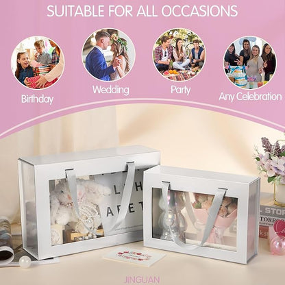 Large Silver Clear Gift Boxes, 13.5x9x4.1 Inches, 5 Pack with Windows by Handles, Magnetic Closure, Suitable for Various Occasions