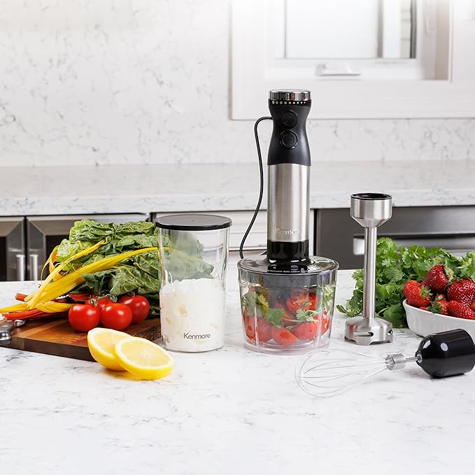 Kenmore Immersion Blender - Handheld Stick Mixer For Kitchen, Food Chopper, Whisk, Smoothie Milkshake Maker, Blend Baby Food, Protein Shake, Puree, Batidora De Inmersión Stainless Steel Blade, Black