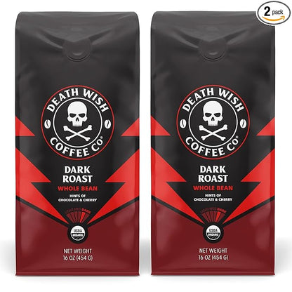 Death Wish Coffee, Whole Bean Dark Roast - USA Organic Coffee Beans Bundle/Bulk - Fair Trade Arabica & Robusta - 16 Ounce (Pack of 2)