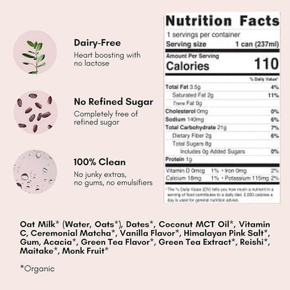 Pop & Bottle, Oat Milk Lattes - Matcha with Reishi and Maitake Mushrooms, Green Tea Latte, MCT Oil, Organic, Dairy Free, Gluten Free, Lightly Sweetened with Dates - Matcha, 8 Fl Oz (12 Pack)