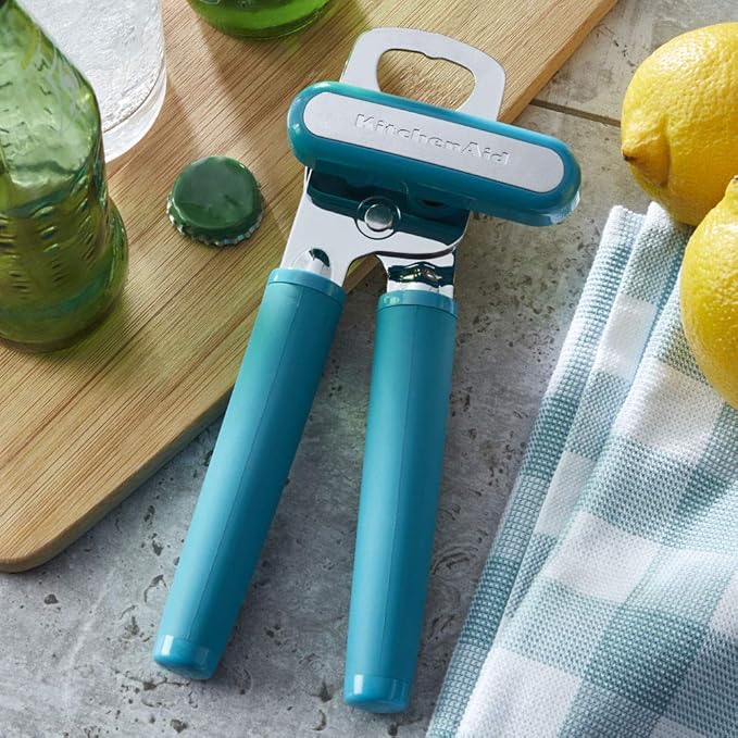 KitchenAid Classic Multifunction Can Opener and Bottle Opener Easy to Use, Razor Sharp Stainless Steel Cutting Wheel, Soft Ergonomic Handles, Ocean Drive