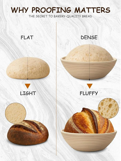 Sourdough Bread Baking Kit with 2 Pack 9" Round Banneton Proofing Baskets, Bread Baking Supplies with Cotton Liner, 430 Scraper, 304 Lame, Dough Whisk, Sourdough Starter Kit Gift