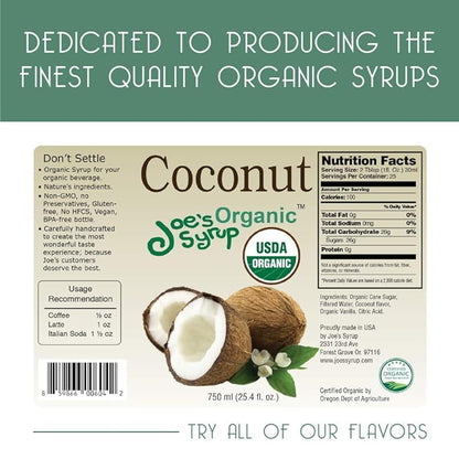Joe’s Syrup Organic Flavored Syrup, Organic Coconut, 750 ml