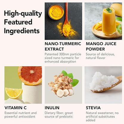 Nano Turmeric Curcumin Drink Powder, Golden Juice for Wellness & Immunity, No Turmeric Taste, Add to Smoothies/Water Daily Morning Routine–35X Absorption–Mango Flavor–Joint Support Supplement