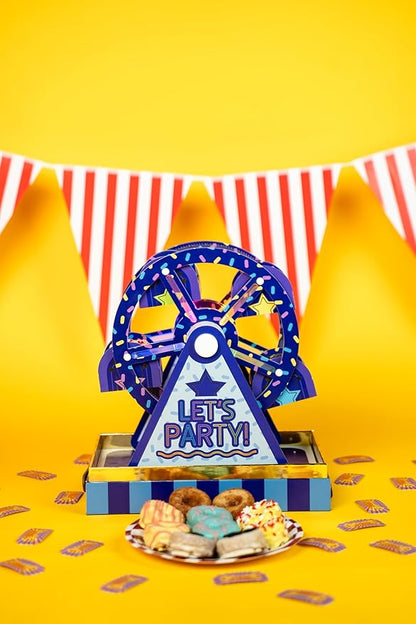 Party Time Mini Donut Ferris Wheel Box by Send A Cake – Ready to Gift, No Assembly Needed – 10 Mini Cake Donuts, Spins, Lights & Music – Fun Birthday & Celebration Gift for Women, Men, Adults, Kids