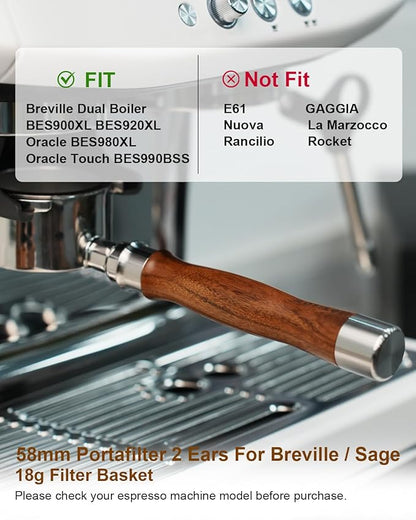 Bottomless Portafilter 58mm Fit Breville, 2 Ears Slim Naked Portafilter Fits Breville Espresso Machines BES900XL, BES920XL, BES980XL, BES990BSS with 18g Double Shot Filter Basket, Puck Screen-Rosewood