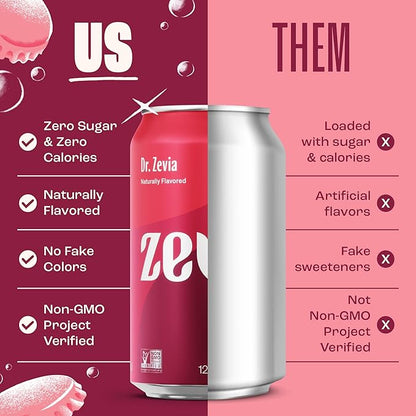 Zevia Zero Sugar Soda, Dr. Zevia, 12 oz Cans (24-Pack) – Naturally Sweetened, Zero Calorie Sugar Free Soda - Non-GMO Project Verified, Gluten-Free, Vegan