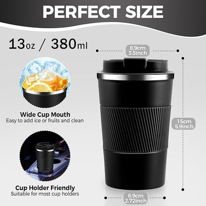 Volhoply 13 oz Stainless Steel Insulated Travel Coffee Mug with Fip Lid Bulk 4 Pack,Reusable Double Wall Vacuum Metal Coffee Cup,Portable Leak Proof Thermal Tumbler for Hot & Cold Drinks(Black,4)