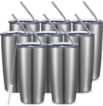 COMOOO 20oz Stainless Steel Tumbler Bulk Double Wall Vacuum Coffee Cup Insulated Travel Mug with Lid and Straw Durable Powder Coated Insulated Coffee Cup for Cold & Hot Drinks (silver, 8 pack