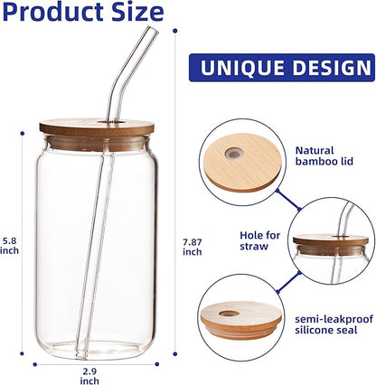 6pcs Set-16oz, Glass Cups with Bamboo Lids and Glass Straw - Beer Can Shaped,CuteTumbler Cup,Soda,deal for Cocktail,Iced Coffee Cups,6 Cleaning Brushes glass cups with lids and straws