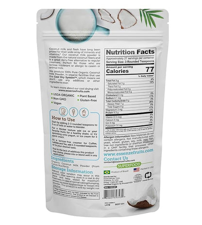 Essenzefruits Pure Organic Coconut Milk Powder - Premium Maltodextrin Free, No Sugar Added, Dairy Free, USDA Organic, Vegan, Keto & Paleo Friendly, No Additives, Pre Biotic Fibers, 27 Servings - 8 Oz