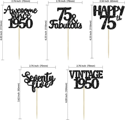 Gyufise 30 Pack black Glitter 75th Birthday Cupcake Toppers Vintage 1950 Cake Toppers Hello 75 Cake Topper Sixty Five 75 & Fabulous Cupcake Picks 75th Birthday Cake Decorations Supplies