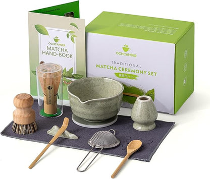 Japanese Matcha Set, Matcha Bowl with Spout and Coaster, Matcha Whisk and Holder, Sifter, Scoop, Spoon, Cleaning Brush,10 Pcs Complete Ceramic Matcha Kit