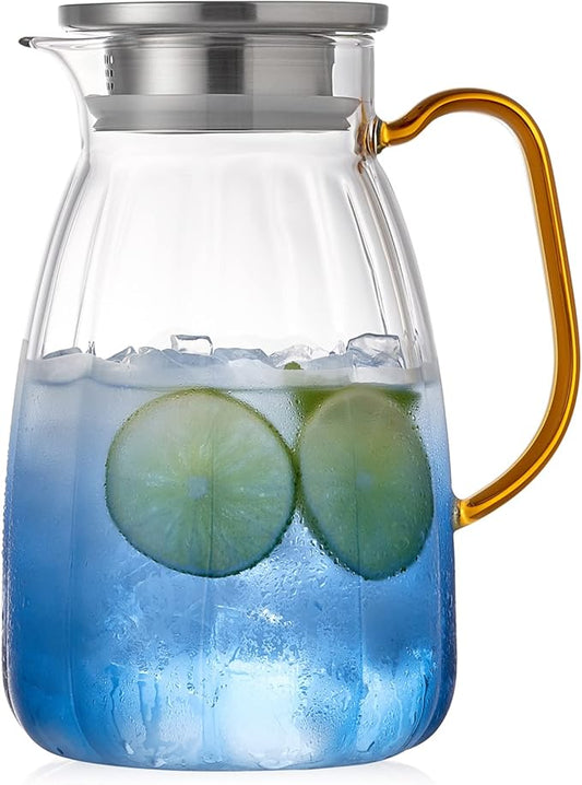 68OZ Glass Pitcher with Lid and Spout, Water Jug, 2000ml Carafe for Hot/Cold Water, Large Iced Tea Pitcher for Coffee, Juice and Homemade Beverage