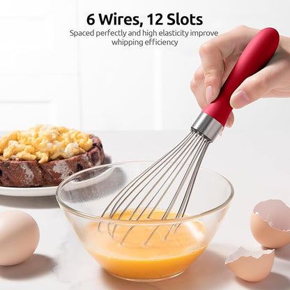 U-Taste 9" Small Egg Whisk: 18/10 Stainless Steel Kitchen Cooking Wire Balloon Wisk, Heavy Duty Metal Beater Stirrer, Manual Baking Tool with 6 Flex Wires for Hand Mixing, Blending Sauce (Red)