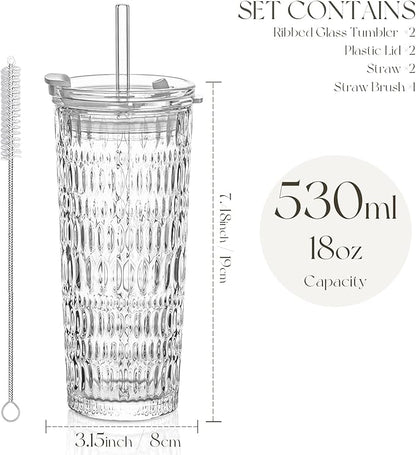 KEMORELA 18oz Glass Tumbler Set of 2 with Straw and Lid – Durable, Leak-Proof, Wide-Mouth Design – Perfect for Iced Beverages, Smoothies, and Daily Hydration Needs