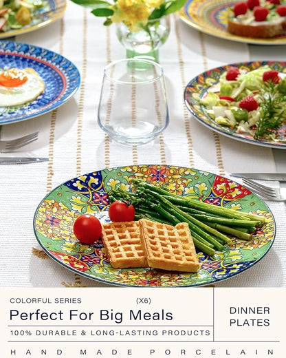 getstar Dinner Plates Set of 6, 10.5 Inch Ceramic Plates, Microwave, Oven and Dishwasher Safe, Colorful Bohemian Style Dishes for Kitchen