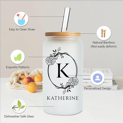 Mason Life Personalized Glass Cup with Name-Can Shaped Glass with Lids and Straws-18OZ Iced Coffee Cups (Initial)