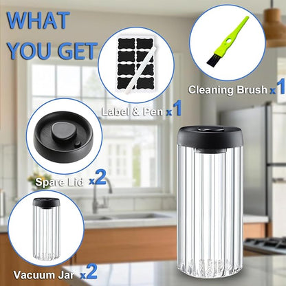 Vacuum Coffee Canister,2PCS 61FLOZ Borosilicate Glass Jar with Spare Airtight lid, Label and Brush, Coffee Bean Storage for Coffee Beans & Grounds Coffee(Clear Glass)