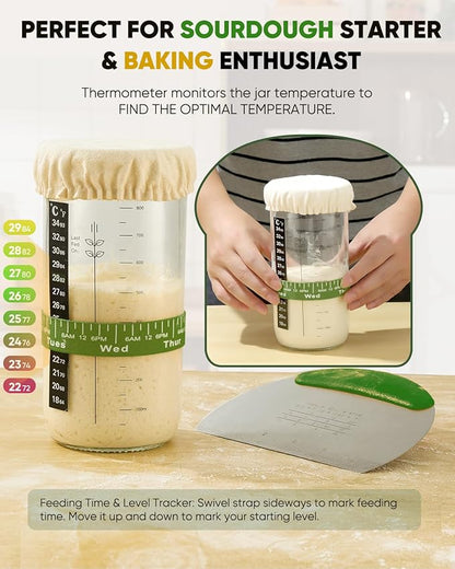 Sourdough Bread Baking Supplies 34 OZ Sourdough starter kit with 2 Bread Proofing Basket - Green