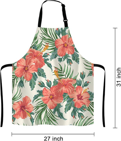 Tropical Leaves and Hawaiian Flower Bib Apron with Adjustable Neck for Men Women,Suitable for Home Kitchen Cooking Waitress Chef Grill Bistro Baking BBQ Cobbler Apron