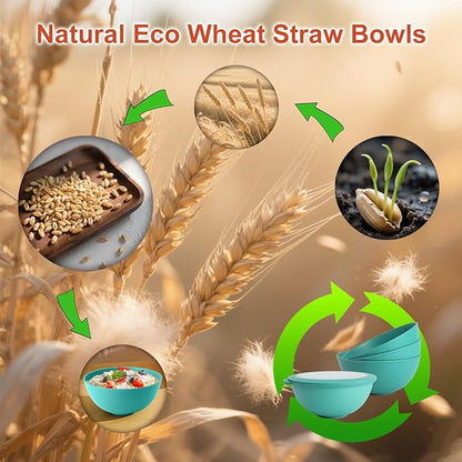 wheat straw bowls set of 4,40oz unbreakable salad bowl set with cover,alternative plastic bowls with cover for kitchen,party,camping and picnic. Green