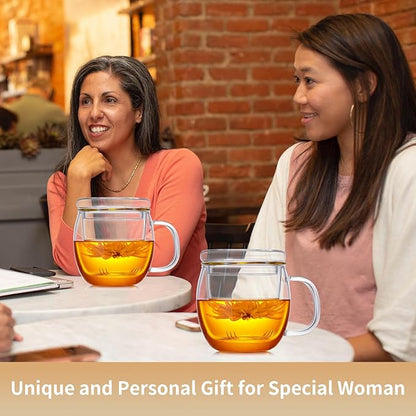 Glass Tea Cup with Infuser and Lid, 17oz/500ml Large Borosilicate Teacup, Clear Mug for Loose Leaf Tea, Blooming Tea, Tea Bags - Perfect Christmas or Birthday Gift for Women