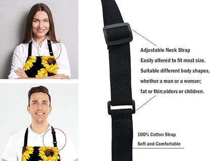 Sunflowers Black Tropical Flower Daisy Adjustable Bib Apron, Cute Floral Sunflower Cooking Kitchen Apron for Men Women
