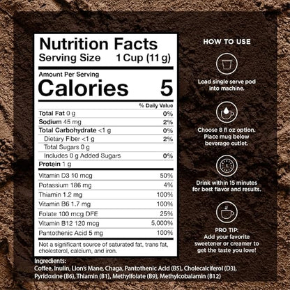 VitaCup Focus Mushroom Coffee Pods, Boost Focus & Immunity w/Lions Mane, Chaga, B Vitamins, D3 for Memory & Clarity, Medium Roast, Recyclable Single Serve Pod Compatible w/Keurig K-Cup Brewers,64 Ct