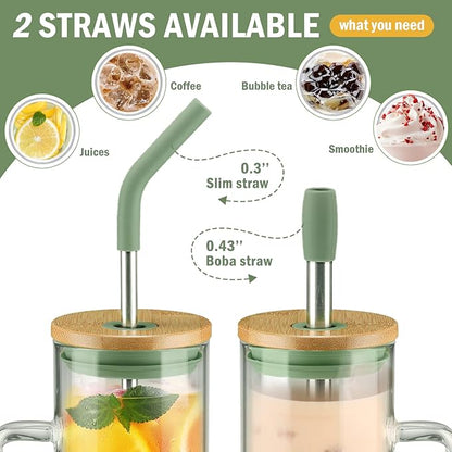 Kodrine Glass Tumbler with Handle, 24 oz Iced Coffee Cup Boba Smoothie Cup, Bamboo Lid Home Office Tumblers, Olive