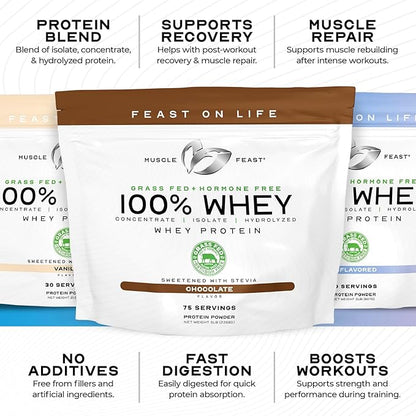Muscle Feast 100% Grass Fed Whey Protein Powder, All Natural, Hormone Free Paure Raised Whey Protein Powder for Women & Men - Whey Concentrate, Isolate & Hydrolyzed Protein Powder Blend - Vanilla, 5lb