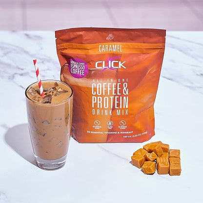 Click Coffee Protein Powder | Double Shot Espresso | 16g Protein | 23 Essential Vitamins | Low Calorie Meal Replacement | 150mg Caffeine | Gluten Free | No Artificial Flavors or Colors | Caramel