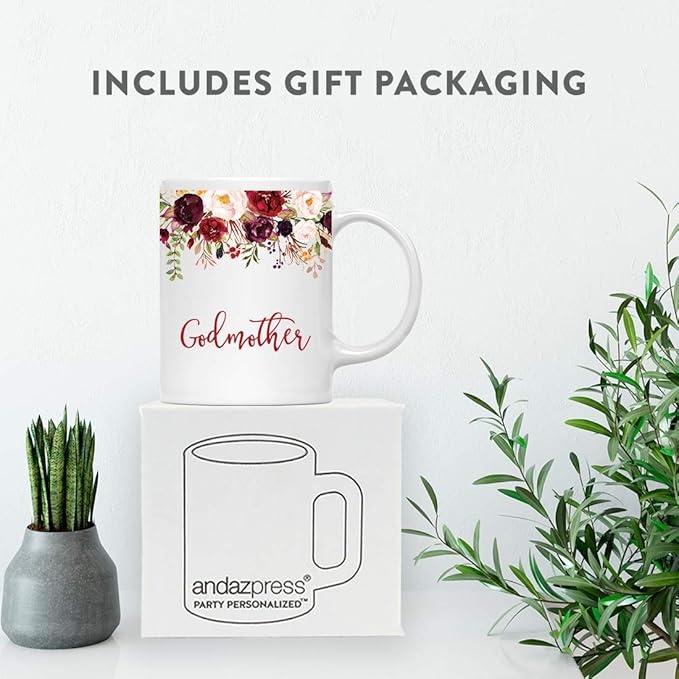 Andaz Press 11oz. Mother's Day Ceramic Coffee Tea Mug Gift, Fall Autumn Marsala Burgundy Flowers Roses Florals, Godmother, 1-Pack, Includes Gift Box, Birthday Christmas Gift Ideas