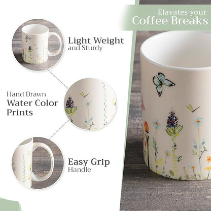 Maison d' Hermine Coffee Mug with Handles Fine Bone China Mugs Pack of One Tea Cups for Hot Beverages Cappuccino Latte Home Restaurant Office Perfect for Gift (Botanical Fresh - Meadow, 12 Ounce)