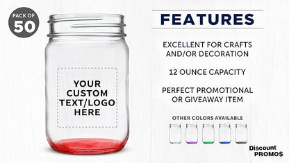 DISCOUNT PROMOS Custom Decorating Mason Jars 12 oz. Set of 50, Personalized Bulk Pack - Glass Jars for Overnight Oats, Candies, Fruits, Pickles, Spices, Beverages - Red