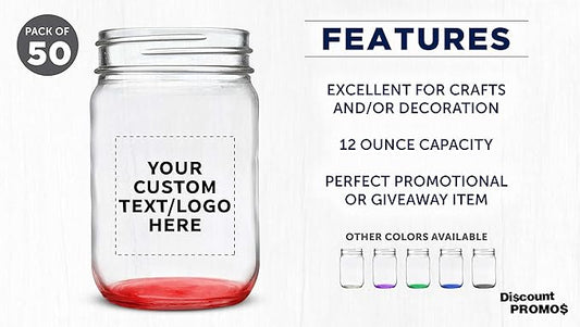 DISCOUNT PROMOS Custom Decorating Mason Jars 12 oz. Set of 50, Personalized Bulk Pack - Glass Jars for Overnight Oats, Candies, Fruits, Pickles, Spices, Beverages - Red