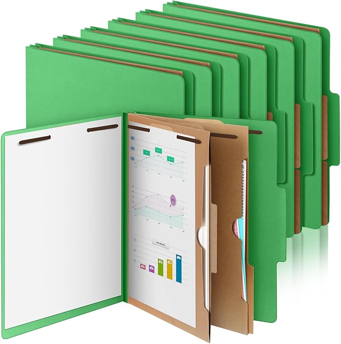 12 Pcs Classification Folders Letter Size, Back to School Supply for Teacher, Student, 2 Pocket Dividers Pressboard File Folder Bulk with 2 Fasteners, 2 in Expanding File Organizer (Green)