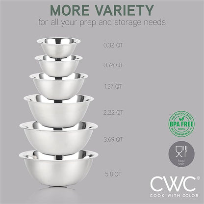 COOK WITH COLOR Stainless Steel Mixing Bowls Set - Nesting Bowls, 6 Pieces, Silver with Non Slip Bottom