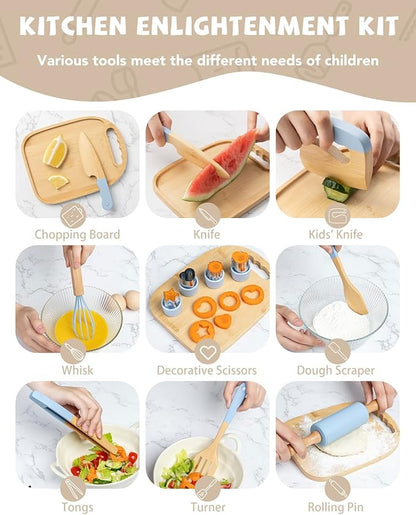 Wooden Kids Cooking Set Montessori Kit - Real Toddler Kitchen Tools & Baking Utensils - 15PCS Cooking Kit for Kids with Storage Bag, Great Gift for Pretend Play & Montessori Learning (Blue)