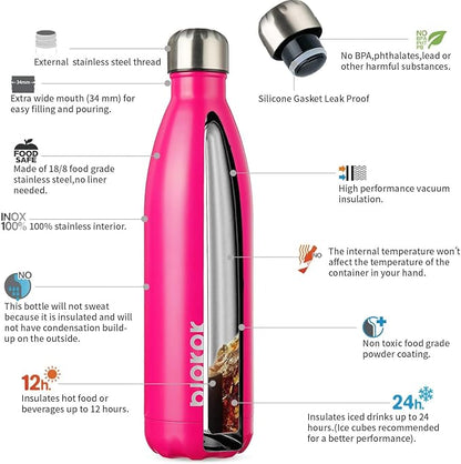BJPKPK 25oz Insulated Stainless Steel Water Bottles,Sports Water Bottles Keep Cold for 24 Hours and Hot for 12 Hours,Pink