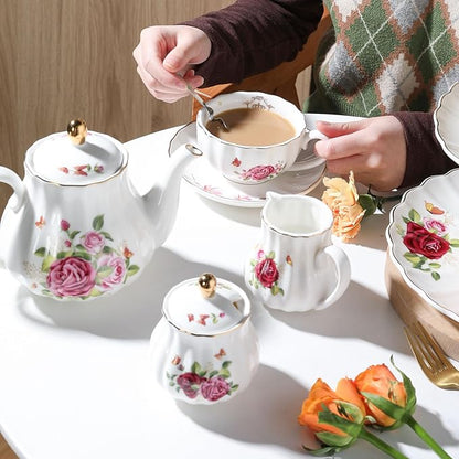 Porcelain Tea Sets British Royal Series, 8 OZ Cups & Saucer Service for 6, with Teapot Sugar Bowl Cream Pitcher Teaspoons and Tea Strainer, Suitable for High Tea, Wedding, Party (Midsummer Rose)